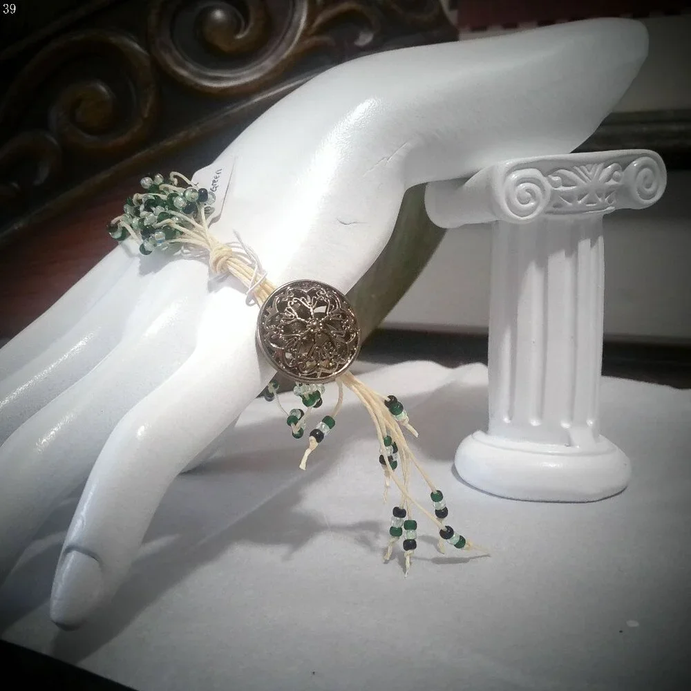 STARY NIGHT Cream Leather Bracelet with Emerald, Black & Mint Green Beads 7 3/4"